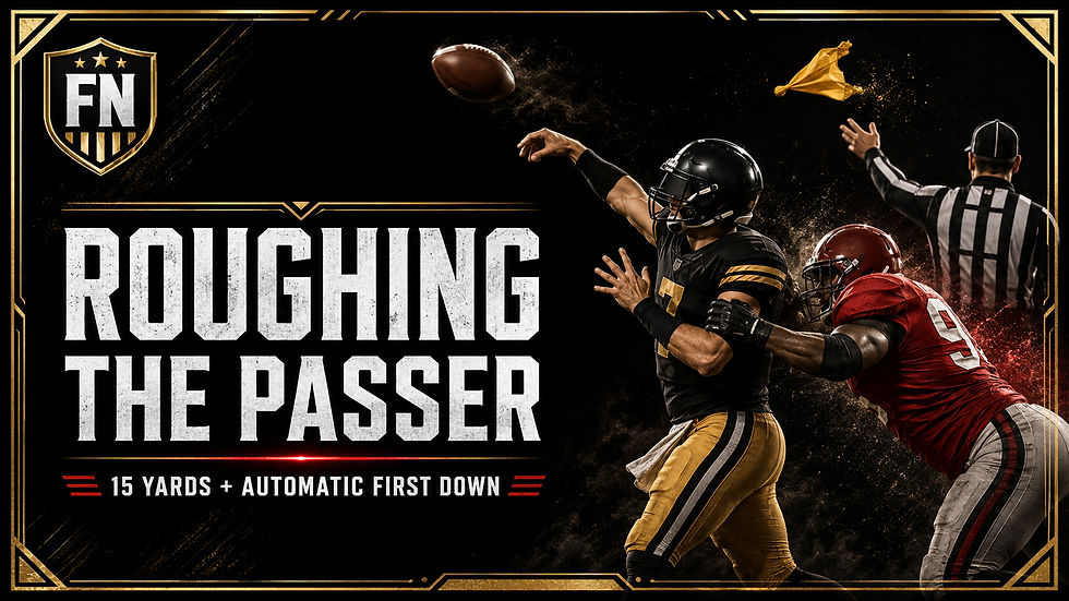 Football Nation illustration of an anonymous quarterback releasing a pass as a defender arrives late and an official throws a flag.