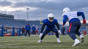 Two anonymous football defenders practice in blue, navy and red uniforms before a Week 8 matchup