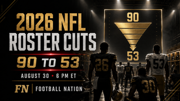 Original Football Nation illustration showing an anonymous NFL-style roster shrinking from 90 players to 53 before the August 30, 2026 deadline.
