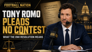 Football Nation cover showing Tony Romo as a broadcaster with a Wisconsin legal-resolution motif after his no-contest OWI plea.