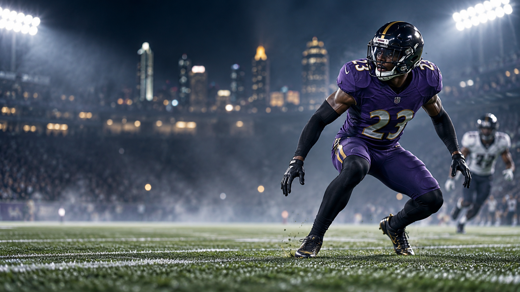 Veteran safety in a purple uniform dropping into coverage under stadium lights