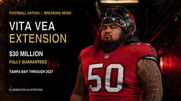 AI-generated Football Nation illustration of Tampa Bay Buccaneers defensive tackle Vita Vea in red number 50 uniform for his 2026 contract extension.