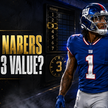 Football Nation cover illustration of Malik Nabers in a current blue New York Giants number 1 uniform beside the headline Malik Nabers Round 3 Value.