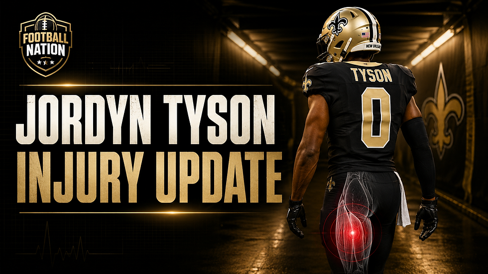 AI-assisted Football Nation cover showing a New Orleans rookie receiver wearing number 0 for a Jordyn Tyson right hamstring injury update.