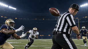 Football Nation cover showing a live football deflecting off an inbounds official as players continue toward the ball.