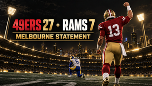 Football Nation recap cover showing a San Francisco quarterback celebrating a 27–7 win over Los Angeles in Melbourne.