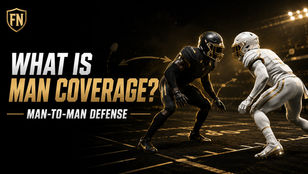 AI-assisted Football Nation cover showing anonymous players in a generic black-and-gold man-coverage matchup.