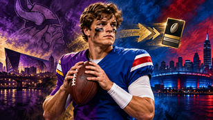 Original AI-generated Football Nation editorial illustration of J.J. McCarthy moving from Minnesota to New York after the 2026 Giants trade.
