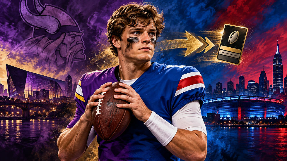 Original AI-generated Football Nation editorial illustration of J.J. McCarthy moving from Minnesota to New York after the 2026 Giants trade.