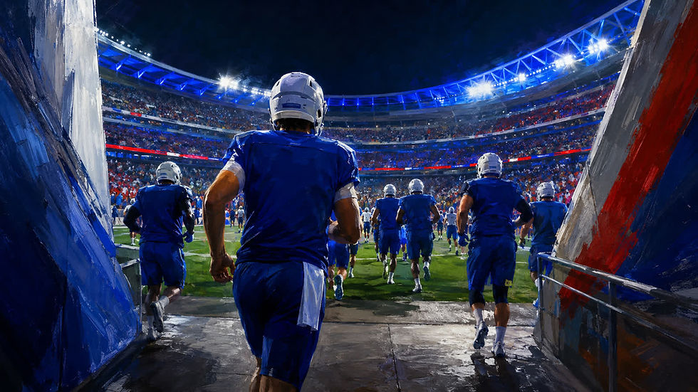 Football Nation editorial illustration of Buffalo players entering the new stadium for a 2026 practice.