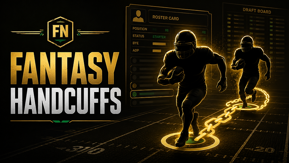 Original Football Nation cover showing two anonymous running backs linked as starter and backup for a fantasy handcuff strategy guide.