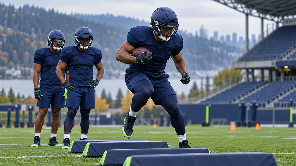Generic Seattle running backs working through agility pads at practice before Week 8