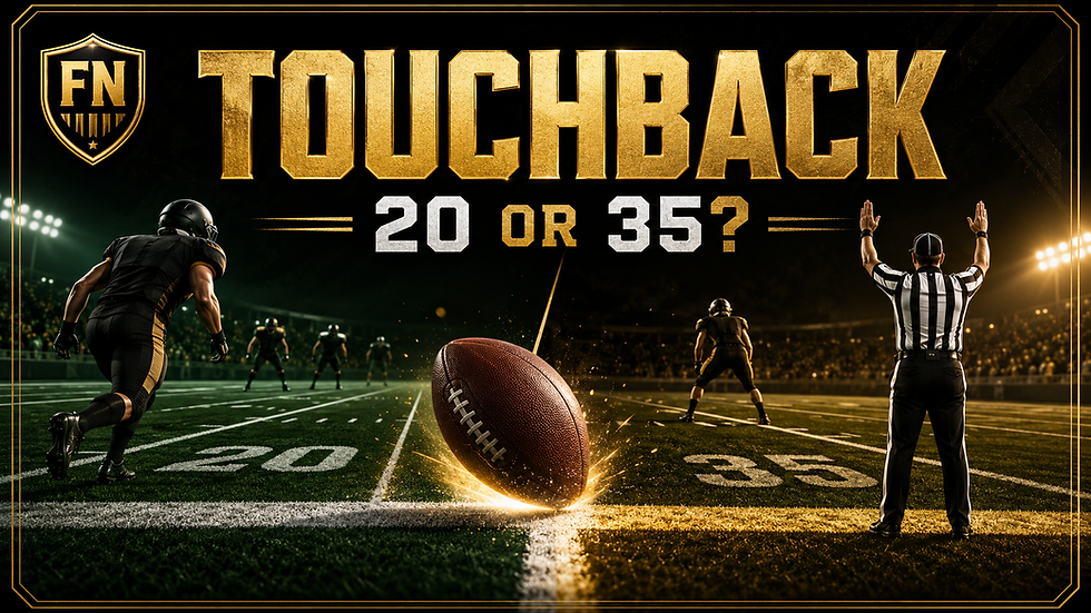 Football Nation touchback cover showing a football crossing a goal line with 20 and 35-yard placement choices.