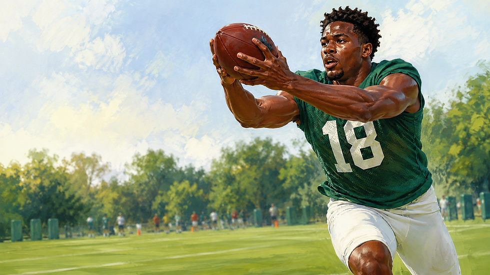 AI-generated Football Nation editorial illustration of Isaiah Williams in a plain green No. 18 practice pinnie catching a deep pass during a Jets-color training camp scene.