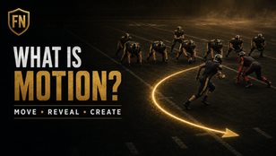 AI-assisted Football Nation cover showing anonymous players using legal lateral pre-snap motion before the snap.