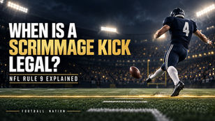 Football Nation cover illustrating a punter kicking from behind the line of scrimmage for an NFL Rule 9 explainer.