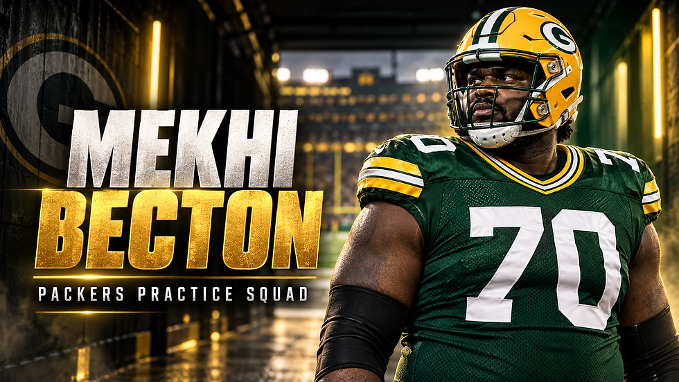 Mekhi Becton in a green and gold No. 70 uniform for a Football Nation Packers practice-squad news cover.