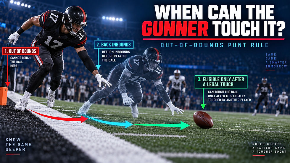Football Nation diagram explaining when an out-of-bounds punt gunner may touch the ball.