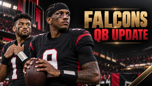 AI-generated Football Nation editorial illustration for the Falcons’ Week 3 quarterback update, with Michael Penix Jr. and Tua Tagovailoa represented in Atlanta colors.