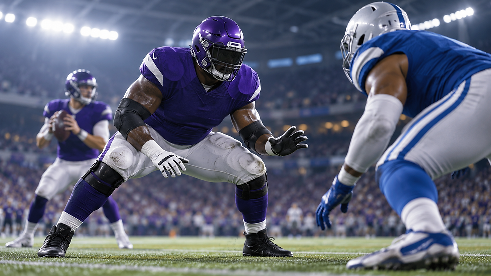 Anonymous purple-uniformed left tackle returning to protect the quarterback against a blue-and-white pass rusher