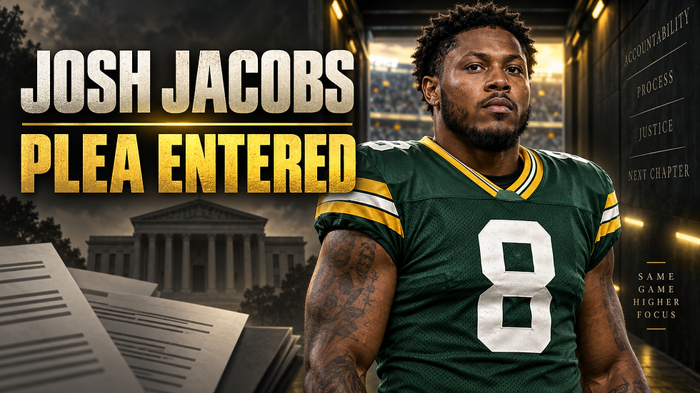 Football Nation original editorial illustration of Josh Jacobs beside the headline Plea Entered.
