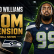 Leonard Williams in Seattle Seahawks number 99 uniform beside $90M extension headline.