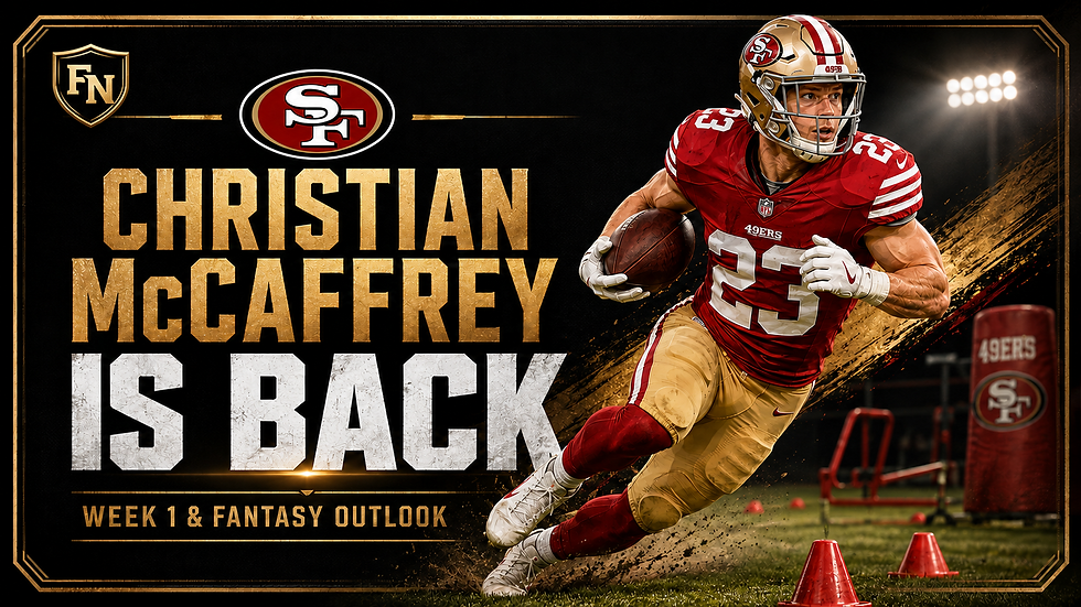 Original AI-assisted Football Nation illustration of San Francisco 49ers running back Christian McCaffrey in a red number 23 uniform beside the headline Christian McCaffrey Is Back, with a gold FN shield.