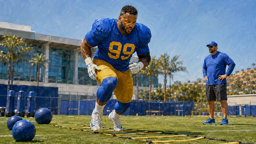 AI-generated Football Nation editorial illustration of Aaron Donald, No. 99, completing agility drills during a 2026 Rams workout.