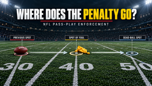 Football Nation diagram comparing the previous spot, spot of foul and dead-ball spot for NFL pass-play penalty enforcement.