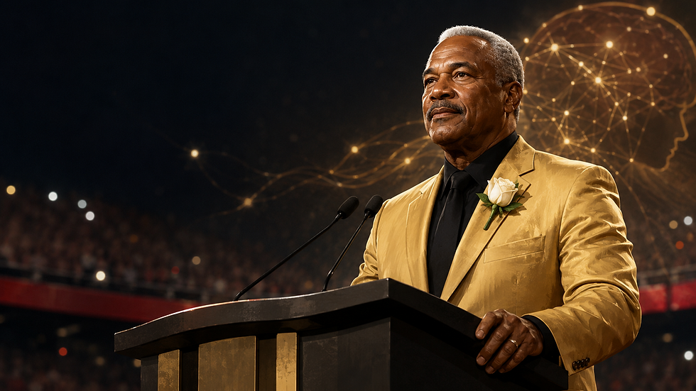 AI-generated Football Nation editorial illustration of Roger Craig delivering a dignified Hall of Fame speech with a brain-health motif.