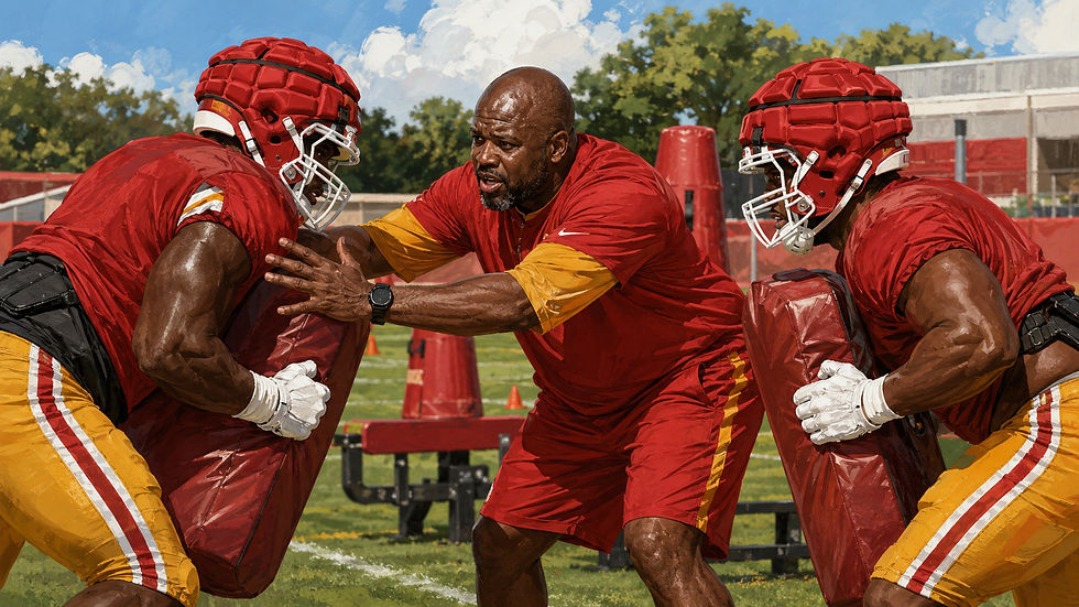 Original AI-generated Football Nation editorial illustration of Eric Bieniemy leading a running-back pass-protection drill at 2026 Kansas City Chiefs training camp; this is artwork, not a photograph.