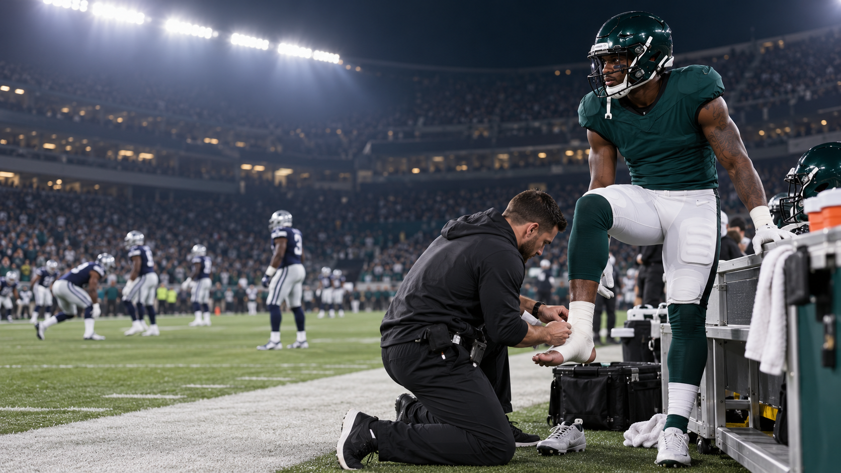 Philadelphia receiver has his ankle taped before a night game against Dallas