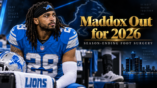 Original Football Nation editorial illustration of Detroit Lions defensive back Avonte Maddox with a season-ending foot surgery headline.