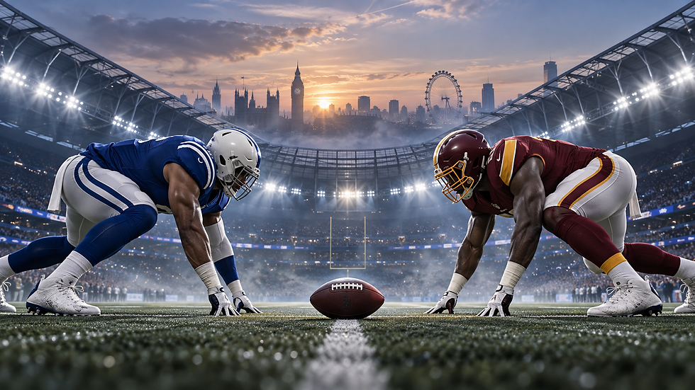 Original Football Nation illustration for Indianapolis Colts versus Washington Commanders at Tottenham Hotspur Stadium in Week 4 of 2026.