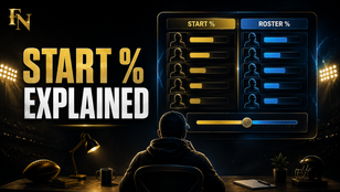 Original AI-generated Football Nation cover showing an anonymous fantasy manager comparing Start % and Roster % on a team-neutral lineup dashboard.