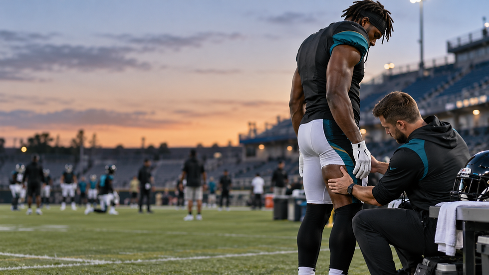 Anonymous Jacksonville-colored wide receiver receiving a hamstring evaluation after practice