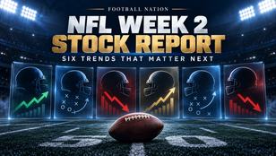 NFL Week 2 stock report graphic with six helmet panels and rising and falling trend arrows