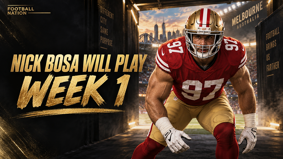 Football Nation editorial illustration of Nick Bosa in No. 97 with the headline Nick Bosa Will Play Week 1.