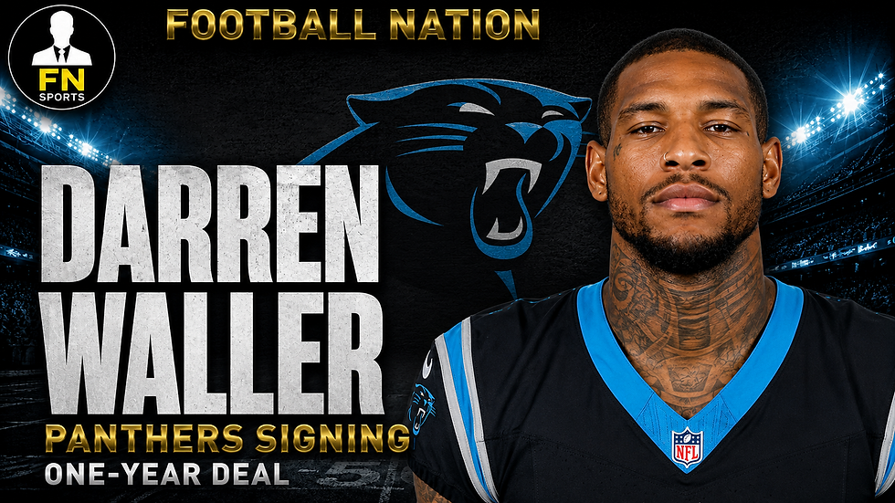 AI-generated editorial likeness of Darren Waller in Carolina colors on an original Football Nation cover using the approved FN Sports mark.