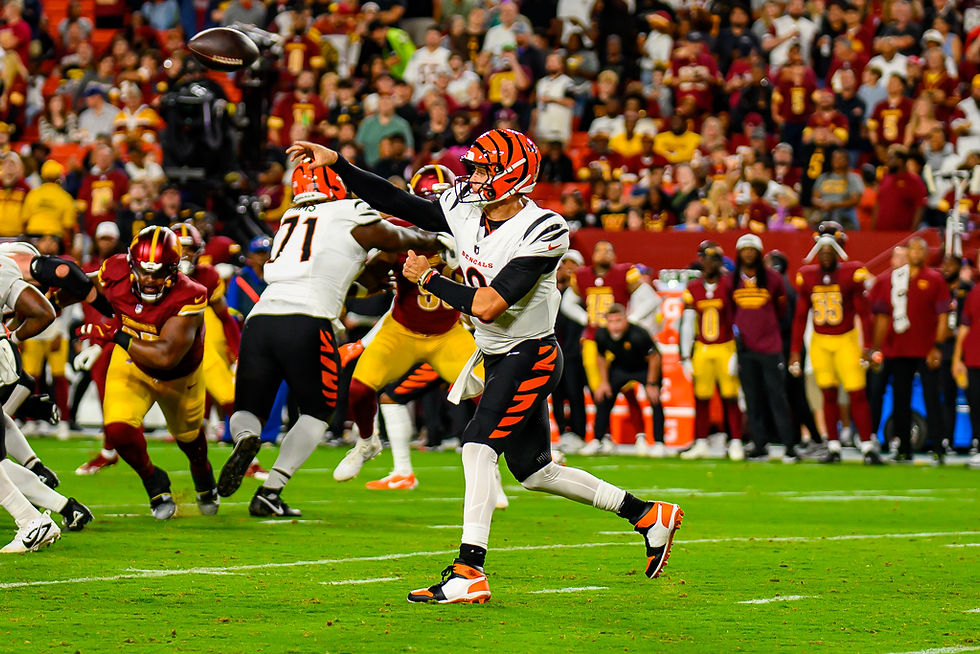Joe Burrow in a white Cincinnati Bengals No. 9 uniform throws against Washington during an August 18, 2025 preseason game.