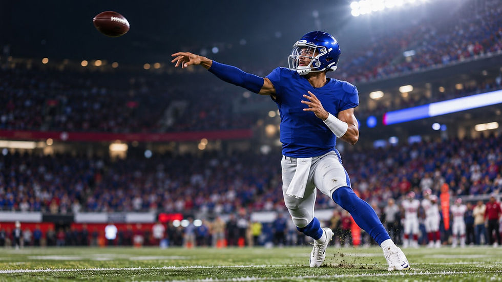 Young quarterback in a blue uniform throwing under stadium lights