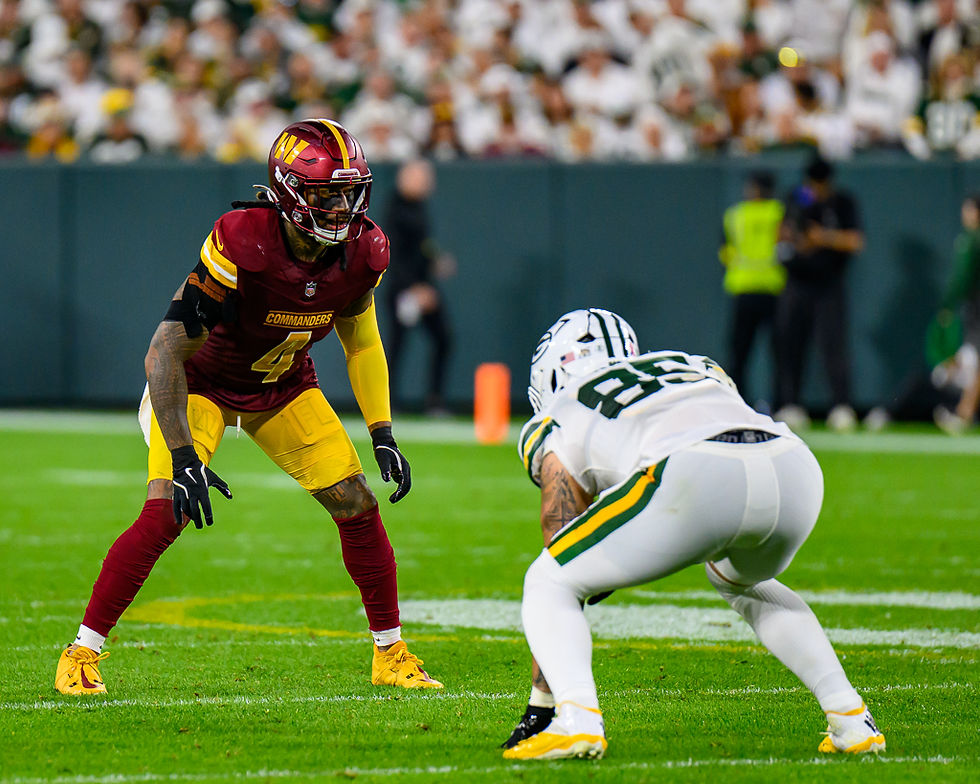 Tucker Kraft lines up in a white Green Bay Packers No. 85 uniform against Washington during the September 11, 2025 game at Lambeau Field.