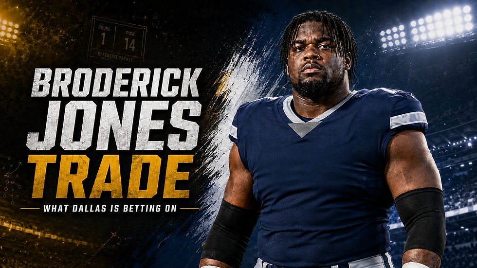 Football Nation cover illustration of Broderick Jones in an unnumbered Dallas-inspired uniform after his trade from Pittsburgh.