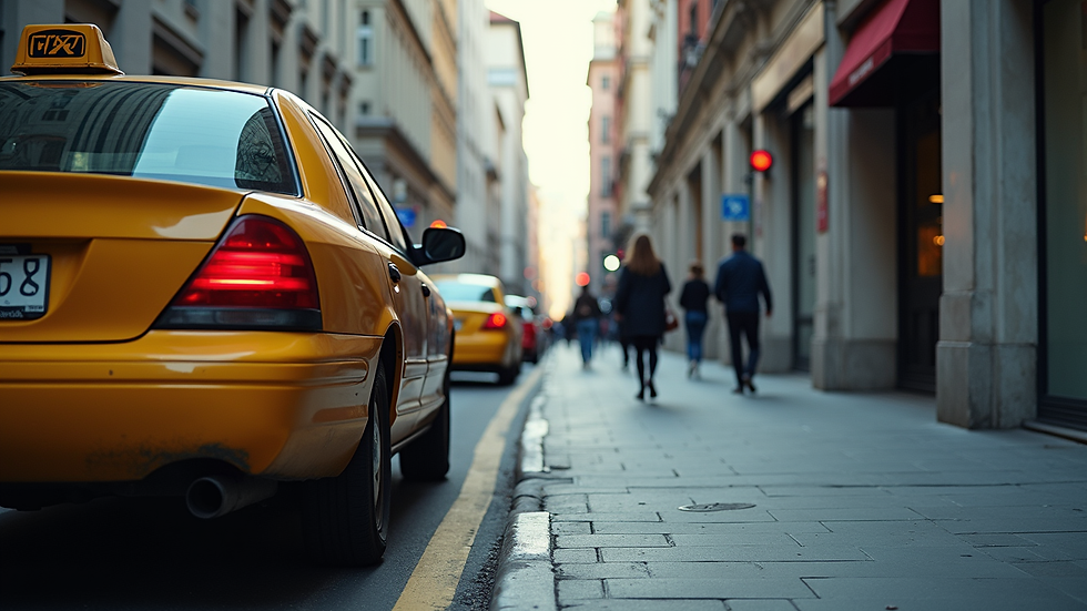 eye-level view of a taxi waiting at a curb with a wheelchair ramp extended
