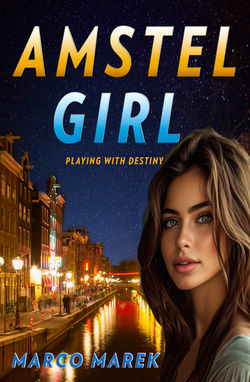 Beautiful young girl with background of Amsterdam canal with a night sky