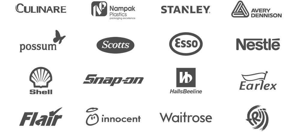 the logos of g2 Design’s; product design consultancy, structural packaging designers’ and model makers’ clients; Snap-on, Nampak plastics, Innocent smoothies, shell petroleum, esso, frijj, earlex, nestle, flair, possum, culinare, Stanley, waitrose, avery dennison and halls beeline
