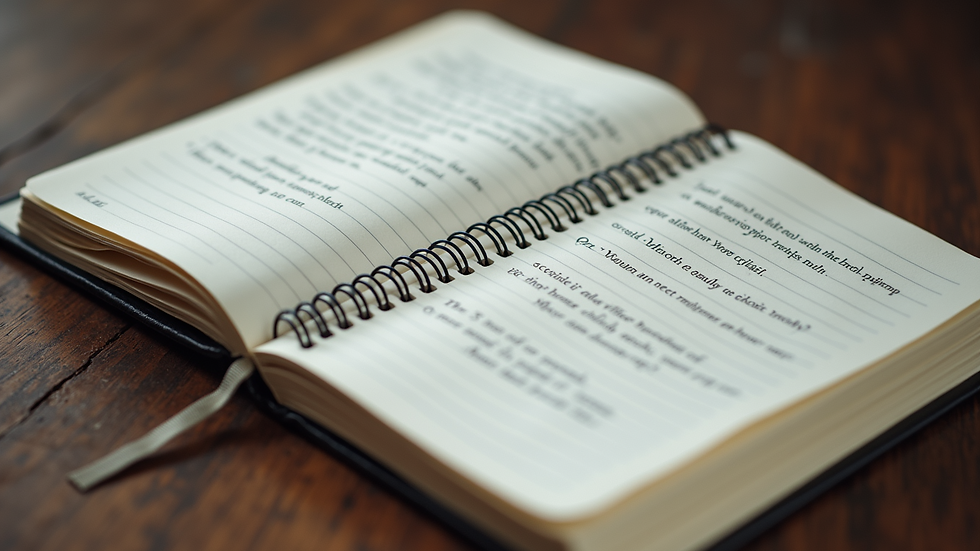 High angle view of a notebook with interview questions and notes