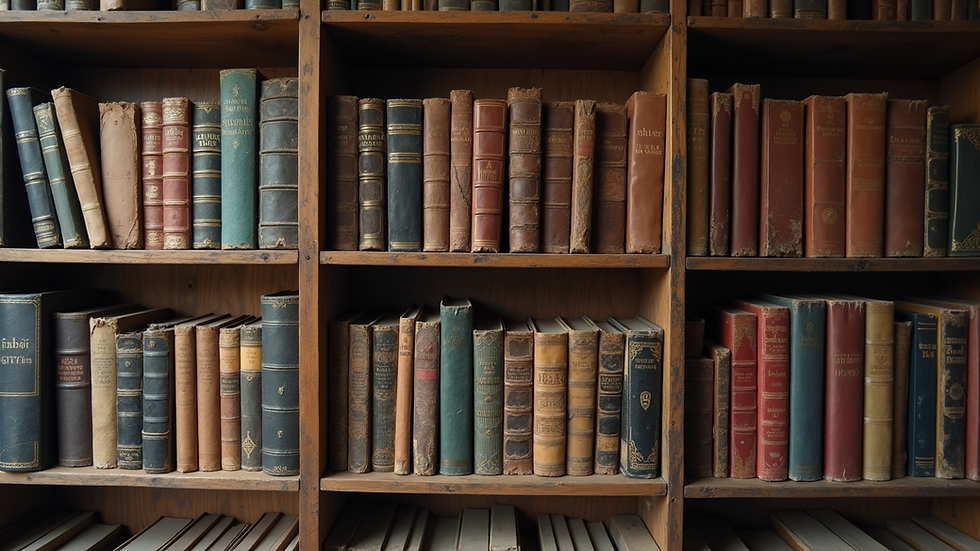 Eye-level view of a rustic wooden bookshelf filled with diverse books