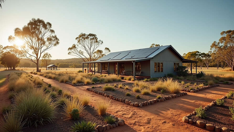 Wide angle view of a rural Australian homestead with solar panels and garden beds