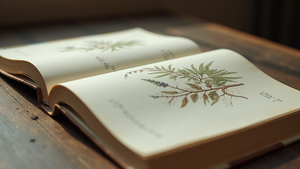 Close-up view of an open book with herbal illustrations on the pages